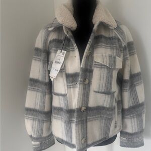 Zara Gray and Cream Plaid Teddy Jacket